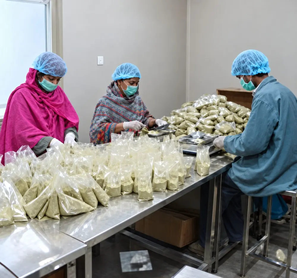 Team preparing packed material in a henna facility