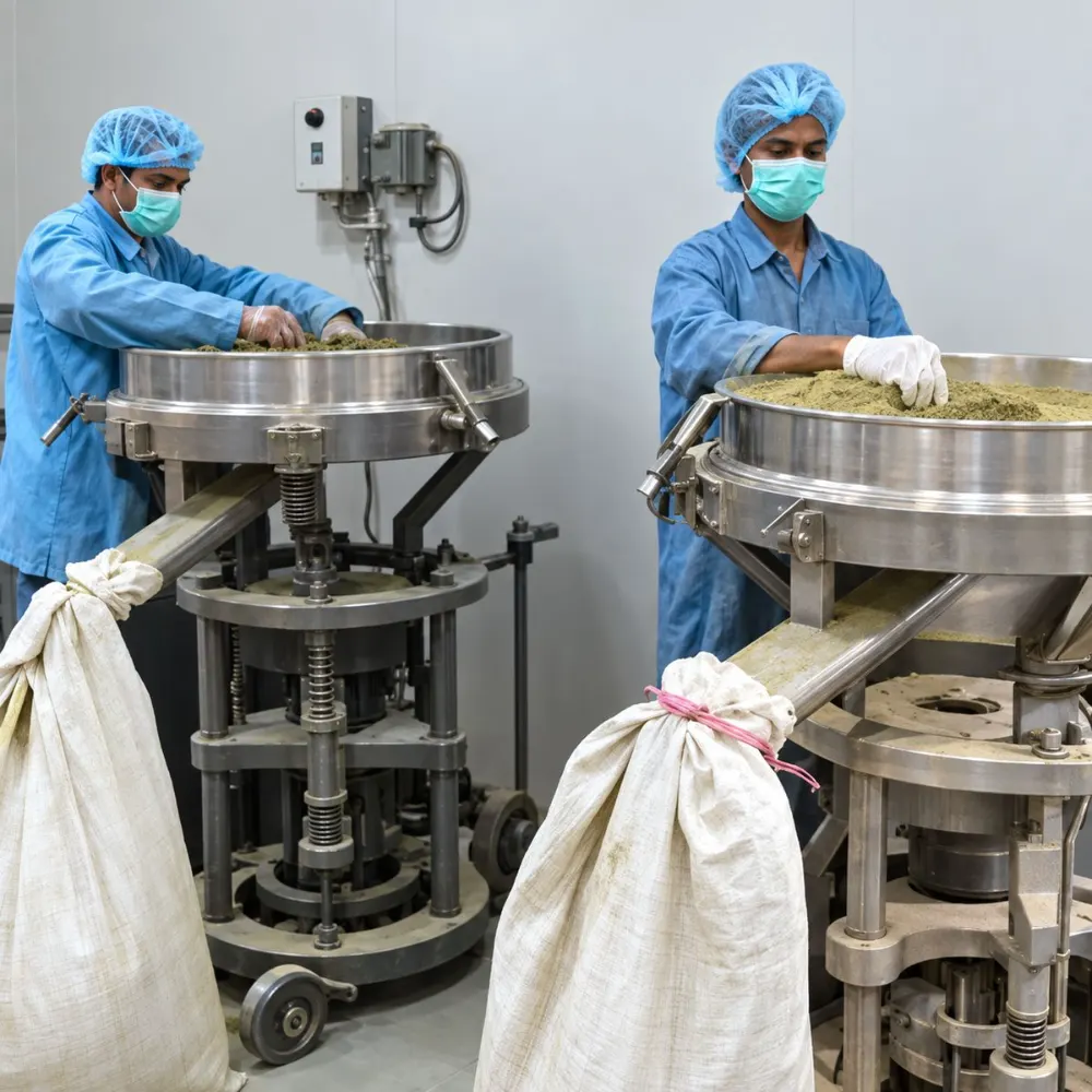 Workers operating processing equipment in the facility