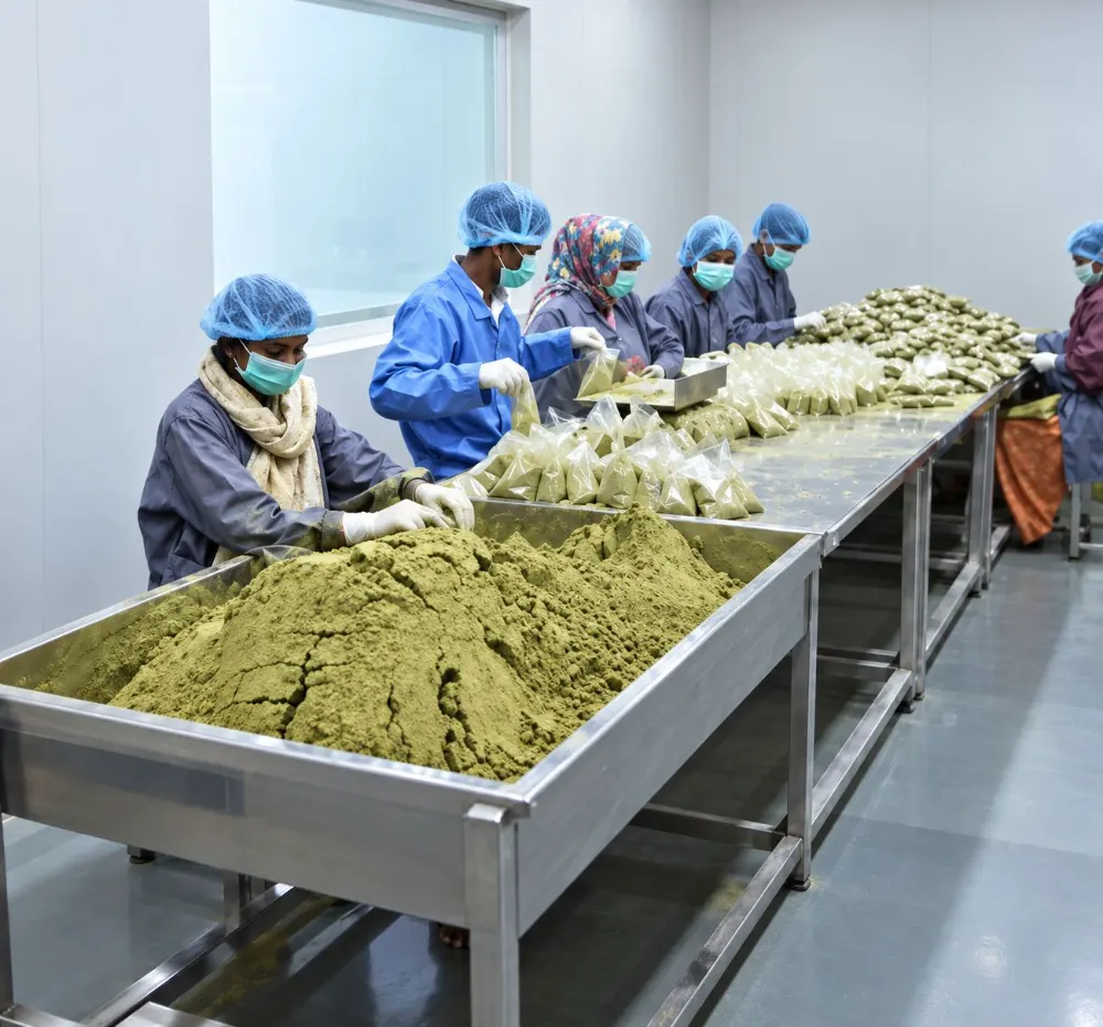 Workers handling bulk henna material at a production table