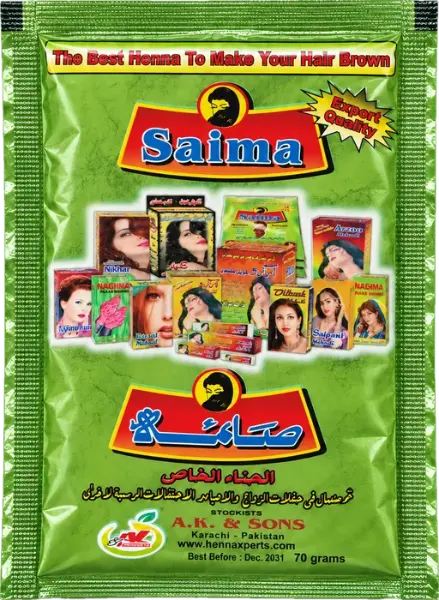 Back of the Saima Mehndi henna powder 70 g packet